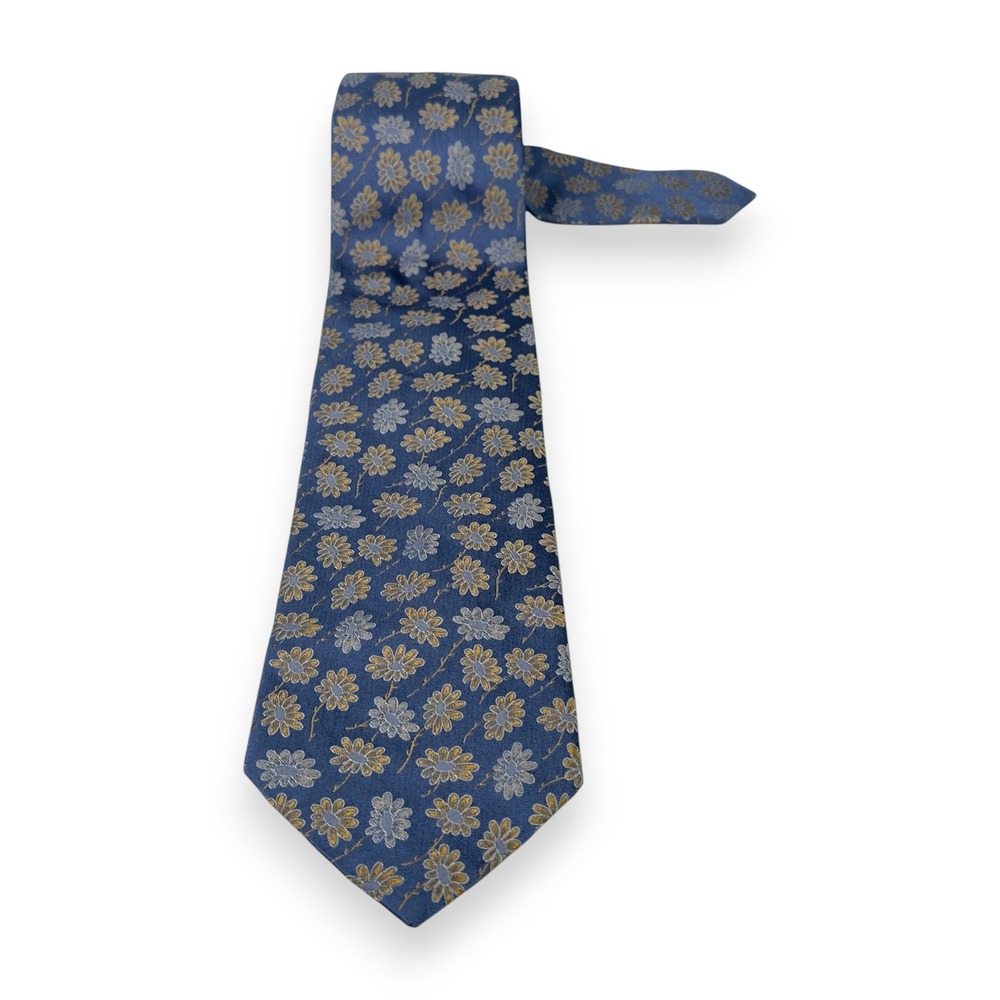 Hugo Boss Mens Silk Tie 57‎ x 3.5 Blue Gold Floral Italy Designer Spring Wedding